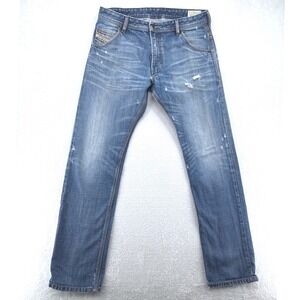 Diesel Mens Jeans Size 33x32 Blue Krooley Regular Slim Carrot Distressed Wash